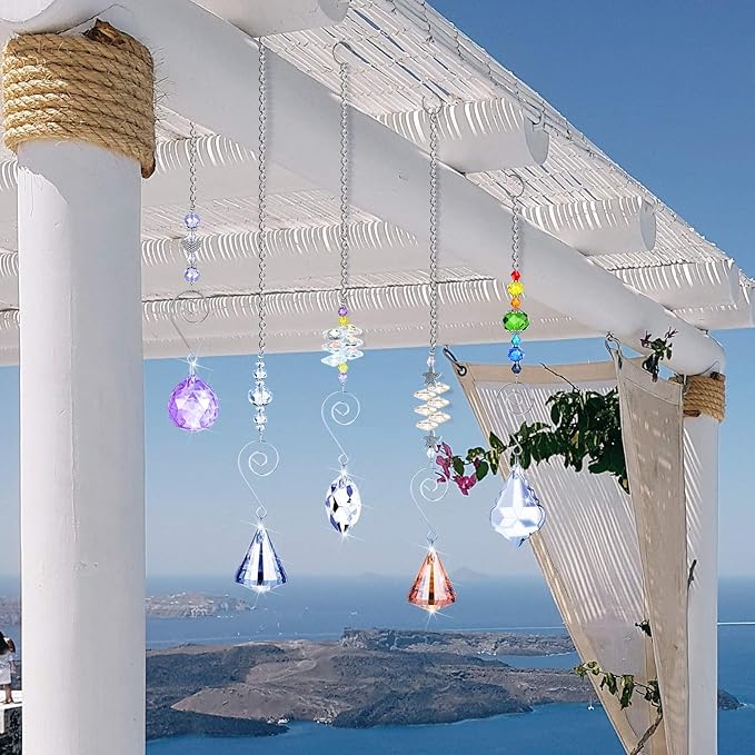 Hicarer 9 Pcs Crystal Suncatchers Hanging Catchers with Chain Colorful Glass Pendant Beads Chandelier Prism Ornament for Window Home Wall Tree Cars Decor Wedding Birthday Anniversary Party Gifts