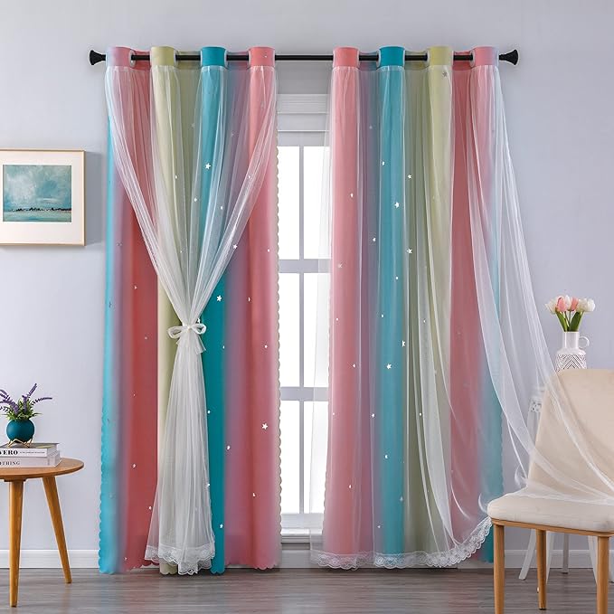 XiDi Curtains for Bedroom Decor, Rainbow Pink-Blue-52-90 by Addsomecolortolife