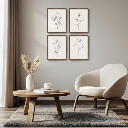 Vintage Floral Wall Art with Walnut Framed, 4 Piece Farmhouse Black and White - Image 5