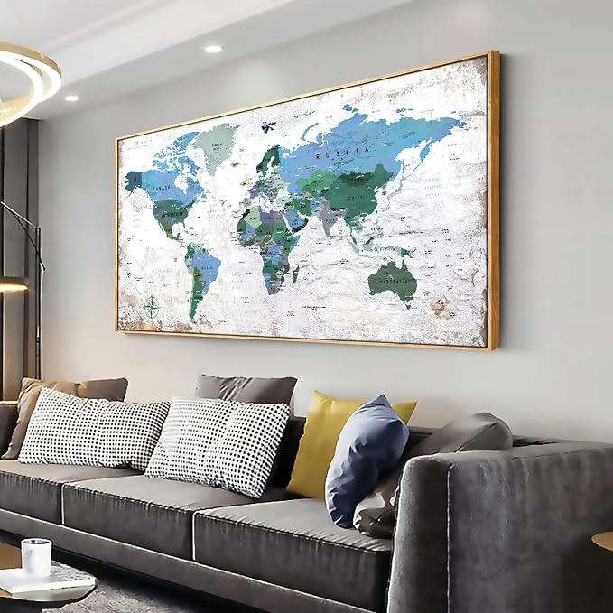 Framed Wall Art World Map Wall Art Canvas Picture 20inchx40inch Large Blue Map by ZEYDRT