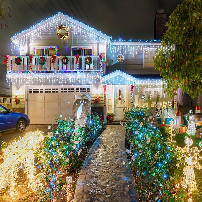 Icicle lights Outdoor - 66ft Christmas Lights with 640LED 120 Drops 8 Modes, Plug in Curtain String Lights Waterproof for Holiday Wedding Party Home Garden Bedroom Indoor Outdoor Decoration,Cool White