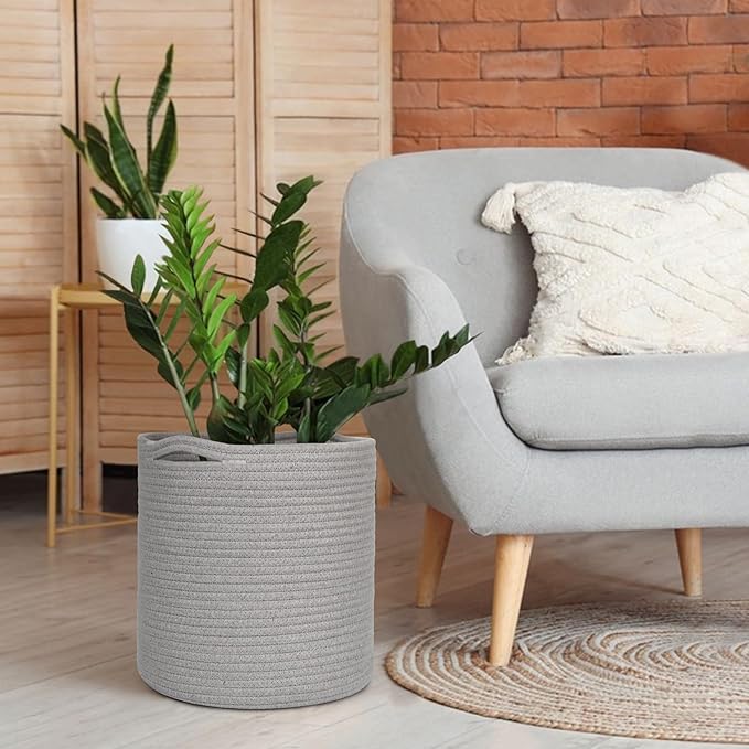 Grey Plant Basket, Woven Basket Planter for 10 inch Pot, Round Indoor Tree Pot Cover, Small Gray Storage Bin Organizer, Decorative Basket for Plants and Home Decor, 11”X11”