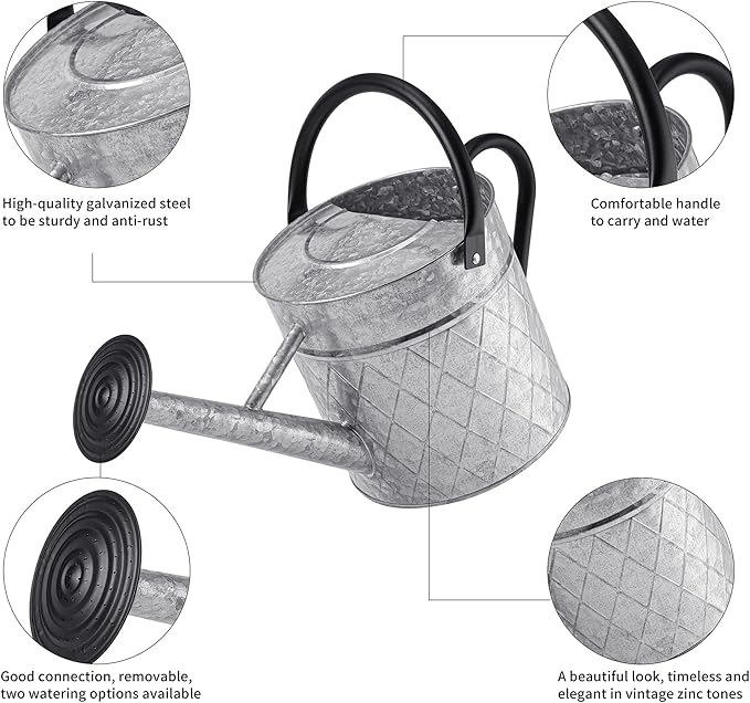 1.75 Gallon Outdoor Galvanized Metal Watering Can for Garden Plants, Vintage Zinc Watering Can with Removable Spray Spout, Ideal for Outdoor Use (Silver)