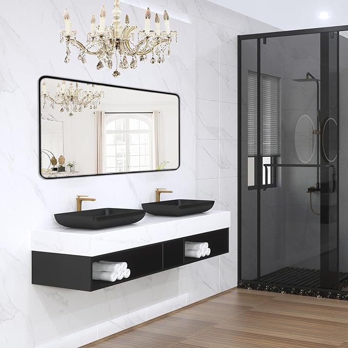 Wall Mount Mirror for Bathroom, Brushed Black Metal Framed Large Rounded Corner by Minuover