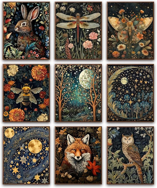 Morris Wall Paintings Poster Set of 9, Vintage Rabbit Fox Starry Sky Bee by Unknown
