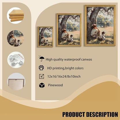 Wood Framed Canvas Wall Art, Vintage Boy and Dog Painting Poster, Countryside - Image 3