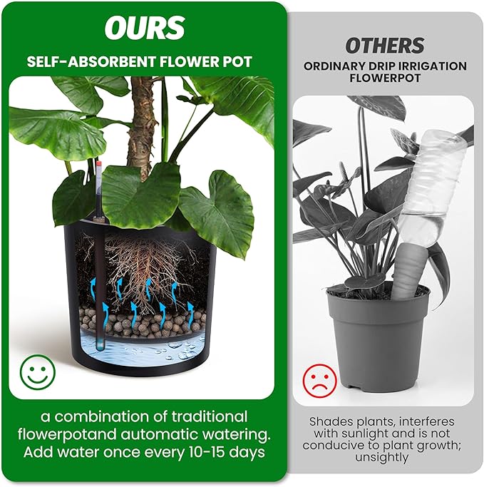 Tall Round Planter Set of 2, 19.5‘’ H x 19.9" Dia Large Planters for Indoor Plants with Built-in Drainage and a Water Level Monitor and Wheels for Patio, Porch, Living Room, or Home Office, Black