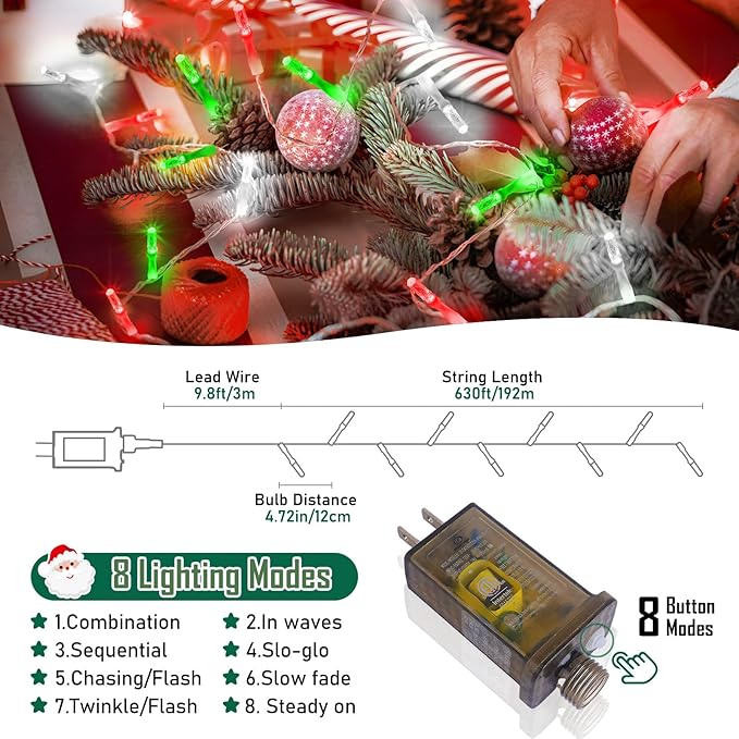 Heceltt 1600 LED 630 FT String Lights Outdoor, 8 Modes Christmas Lights Plug in, IP44 Waterproof Led String Lights with Timer and Memory for Home Party Tree Decorations (Red Green and White)