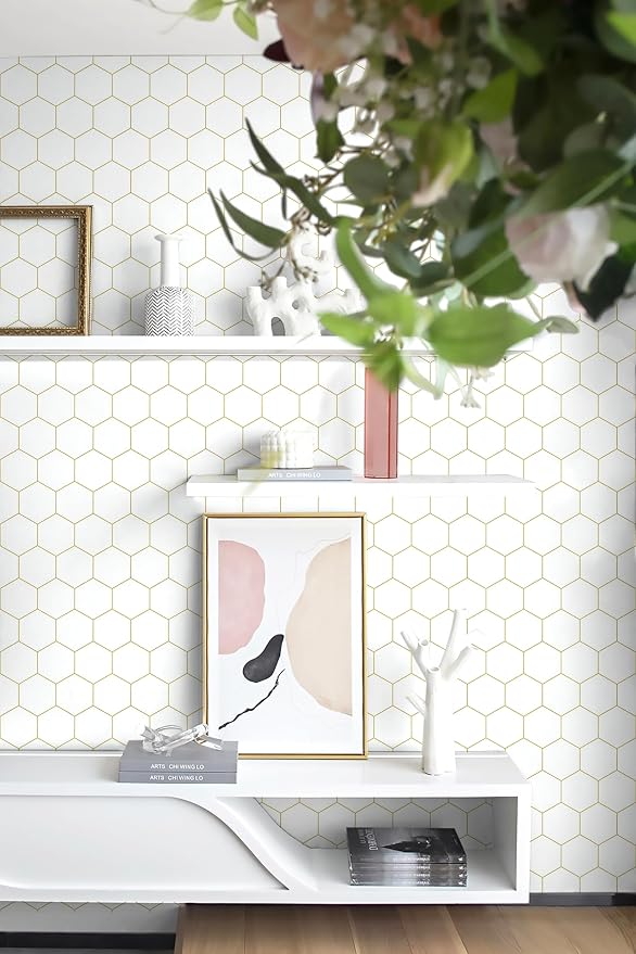 Hexagonal Wallpaper Geometric Peel and Stick Wallpaper 17.3”×197”Gold and White - Image 2