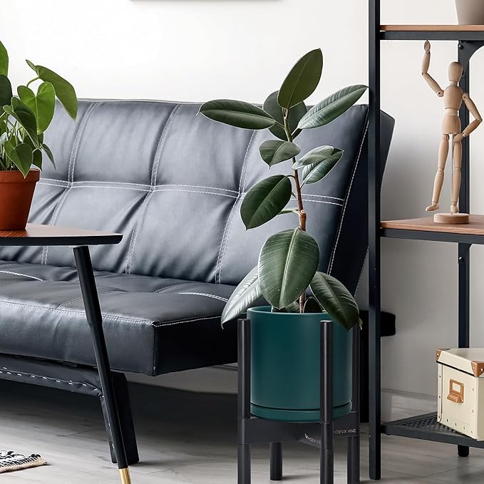 D'vine Dev Ceramic Planter with Ebony Stand - 10 Inch Modern Round Flower Pot with Wood Planter Holder, Teal, 55-B-L-4