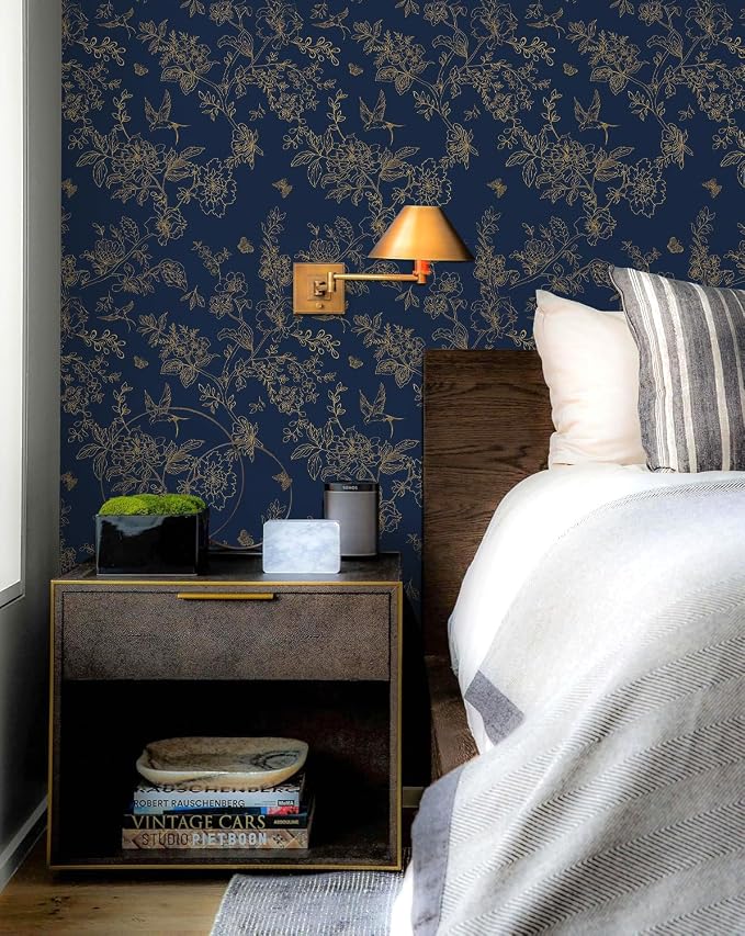 Froluya Dark Blue and Gold Vintage Floral Peel and Stick Wallpaper 17.7"x118.1" - Image 9