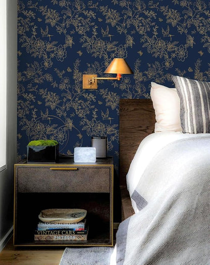 Froluya Dark Blue and Gold Vintage Floral Peel and Stick Wallpaper 17.7"x118.1" - Image 9