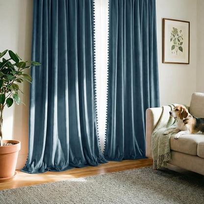 NICETOWN Pom Pom Slate Blue Velvet Curtains 96 Inch Long - Image 6