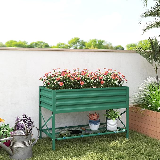 Outsunny Raised Garden Bed with Galvanized Steel Frame, Storage Shelf and Bed Liner, Elevated Planter Box with Legs for Vegetables, Flowers, Herbs, Green