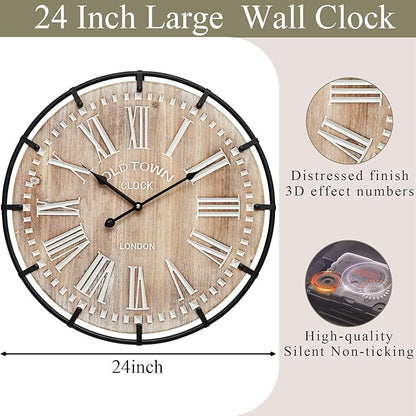 EMAX HOME 24 Inch Large Farmhouse Wall Clock, Rustic Antique Wood - Image 3