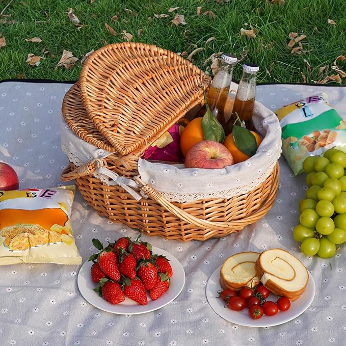 Happypicnic Wicker Picnic Basket with Handle, 15" Large Empty Picnic Basket with Lid & Removable Liner, Vintage Hand Woven Basket for Picnics, Camping, Veg Picking, Mother'S Day, Thanksgiving (Flower)