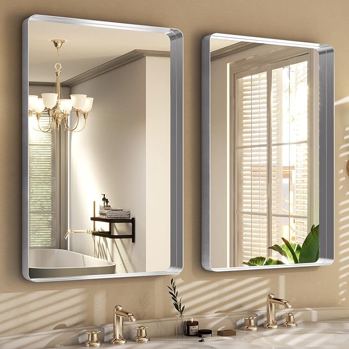 Easly Silver Bathroom Mirror for Wall, 30x22 Inch Rectangular Aluminum Alloy - Image 5