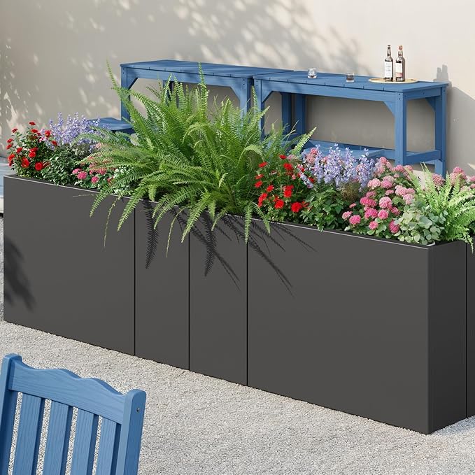 Stoog 38" Metal Tall Rectangular Planters Set of 2 - All-Weather Planter Box for Indoor/Outdoor Use, with Removable Insert Shelf, for Plants, Flowers, Garden, Black