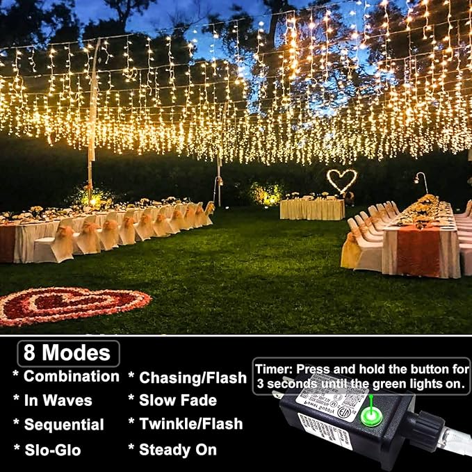 132ft Icicle Lights for Outside - 1280 LED Warm White Christmas Lights with 240 Twinkle Drops, 8 Modes Plug in Waterproof Timer Memory for Tree Wedding Party Window Patio Eave Yard Holiday Decoration