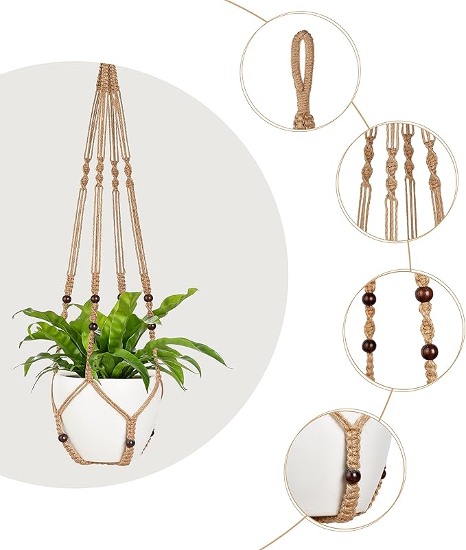 Mkono 43 Inch Macrame Plant Hanger Large for up to 12 Inch Pot Extra Long Hanging Plant Holder No Tassels Hanging Planter Basket with Wood Beads for Indoor Outdoor Home Decor, Brown, Set of 2