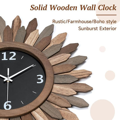 Honiway 16 Inch Wall Clocks, Rustic Wood Boho Sunburst Decorative Wall Clock - Image 7