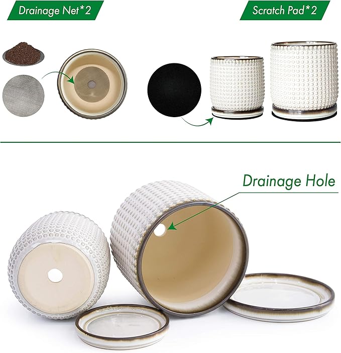 D'vine Dev 6 Inch 4 Inch Ceramic Indoor Planter Pots with Drainage Hole and Saucer, Beaded Design Flower Pots, Set of 2, Smoked White, 27-D-U-1