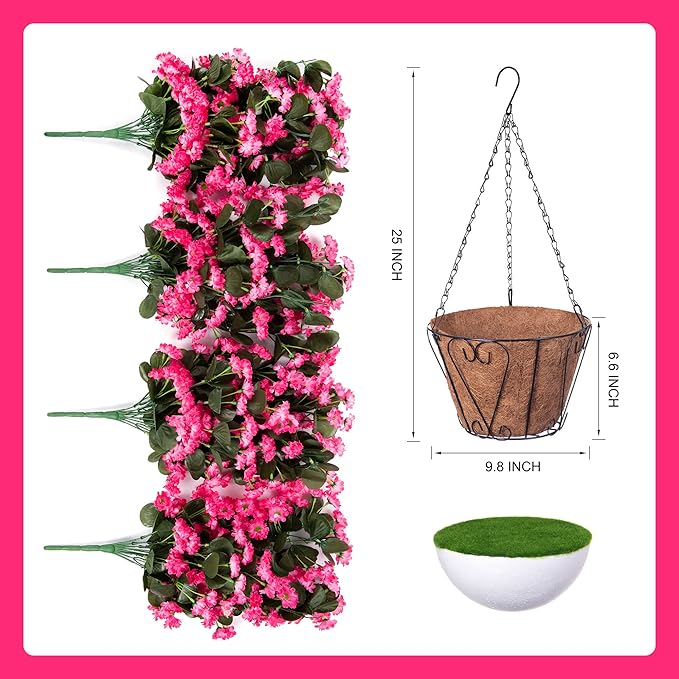 Hanging Baskets Artificial Flowers for Outdoor Interior Decor, Artificial Daisies Flowers Shrubs Plants with Baskets for Home Porch Garden Patio Patio Spring Summer Decor(Pink)