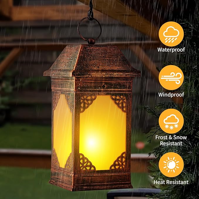 14" Solar Lanterns Outdoor Waterproof, Glass Flickering Flame Solar Lantern, Hanging Metal Lantern Decorative for Patio Front Porch Garden Backyard Tabletop Party Decoration