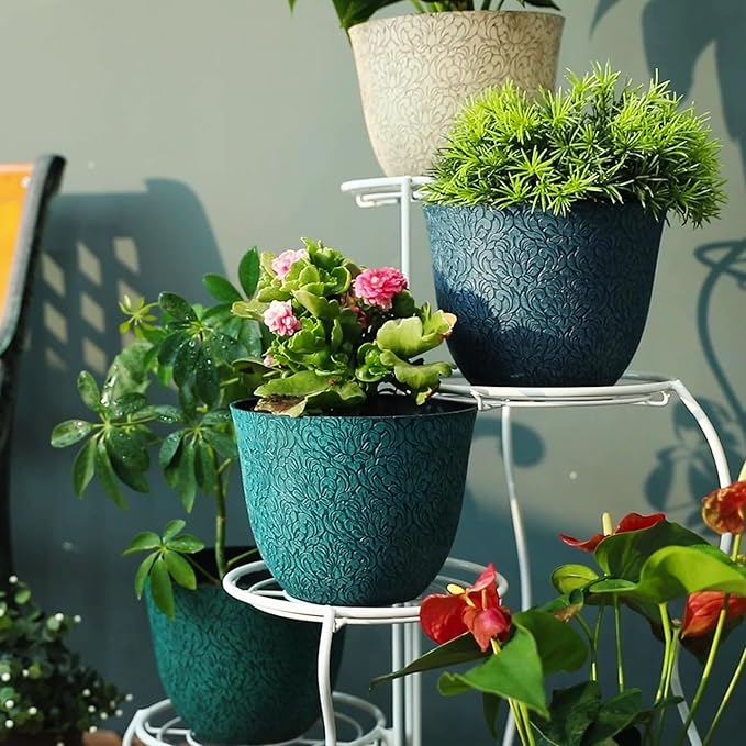 Worth Garden Plastic Round 8" Plant Pots for Indoor Plants - Set of 6 Multicolor Small Flower Pots W/Drainage Hole and Rubber Plug - Home Christmas Decorative planters Retro Floral Pattern