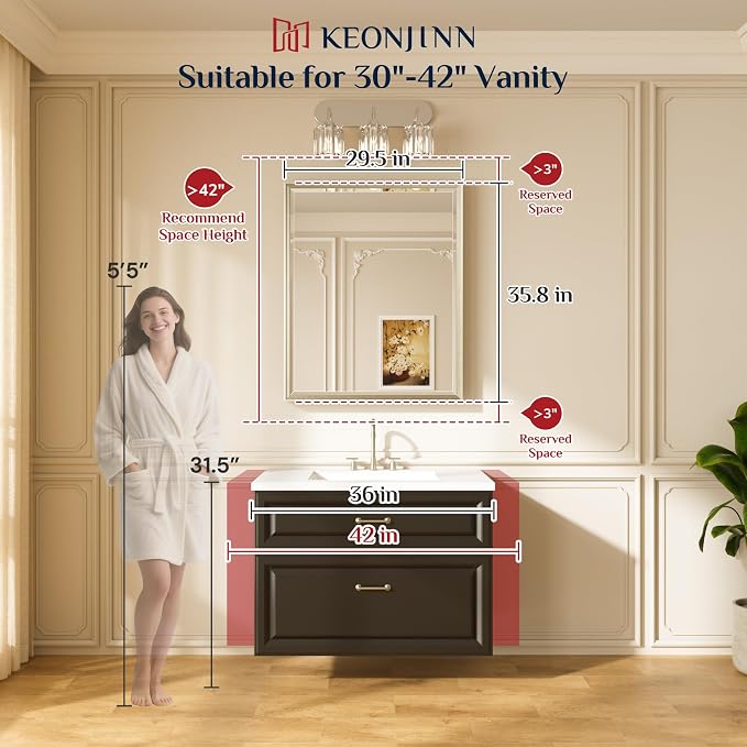 Keonjinn 30" x 36" Gold Bathroom Mirror, Beveled Edge Tempered Glass, - Image 5