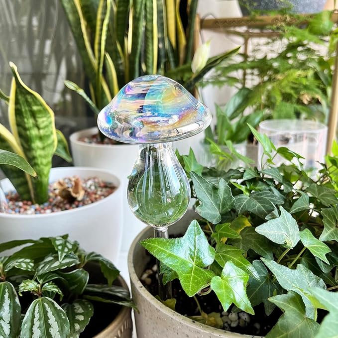 Kingbuy Plant Watering Globes Iridescent Mushroom Self Watering Planter Automatic Irrigation Device for Plant Indoor Outdoor, 2 Pack