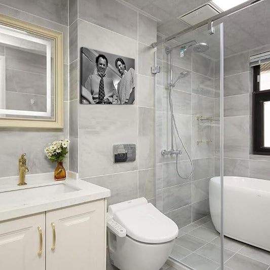Framed Funny Movie Bathroom Canvas Wall Art Set of 2 – Black and White Vintage - Image 2