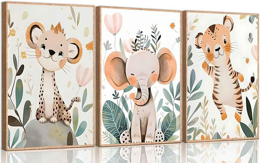 3 Pcs Safari Animals Nursery Canvas Wall Art Jungle Animals Cheetah Elephant by SXHANJXT