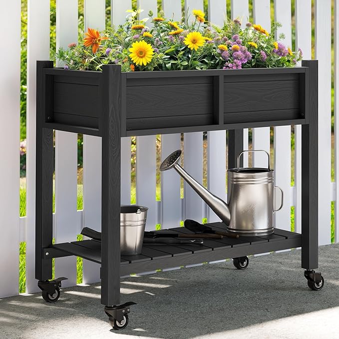 YITAHOME Raised Garden Bed, HIPS Poly Wood Elevated Planter Box with Shelf & Wheels for Mobility, Small Flower Box Stand for Patio Balcony Garden Backyard, Black