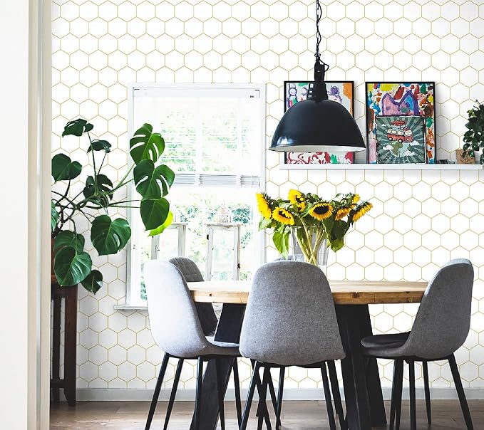 Hexagonal Wallpaper Geometric Peel and Stick Wallpaper 17.3”×197”Gold and White - Image 5