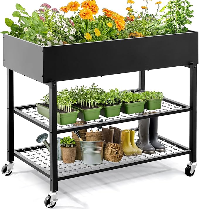 KING BIRD Raised Garden Bed with Legs & Double-Layer Storage Shelf, Galvanized Elevated Planter Box with Lockable Wheels for Backyard, Patio, Balcony, 400lb Capacity, Black, 48x24x38 in