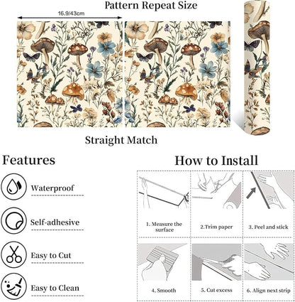 Froluya Mushroom Wallpaper Peel and Stick Vintage Floral Contact Paper 16.9" x - Image 5