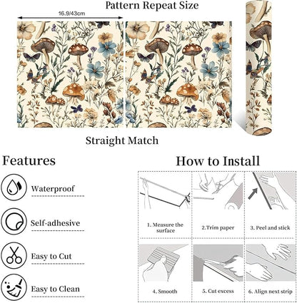 Froluya Mushroom Wallpaper Peel and Stick Vintage Floral Contact Paper 16.9" x - Image 5