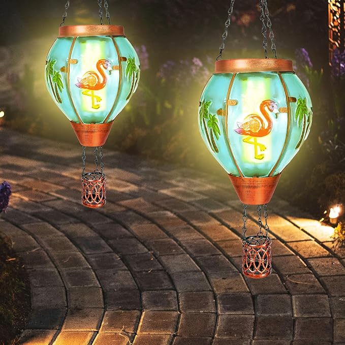 2 Pack Solar Hot Air Balloon Lantern With Flame, Flamingo Glass Solar Outdoor Lights for Patio Garden Decor, Gifts for Women Grandma Mom