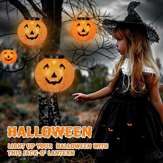 Halloween Solar Hanging Lights Outdoor - Solar Metal Halloween Lantern Decor, Solar Powered Led Waterproof Decorative Round Hanging Light for Garden, Yard, Patio, Pathway, Porch