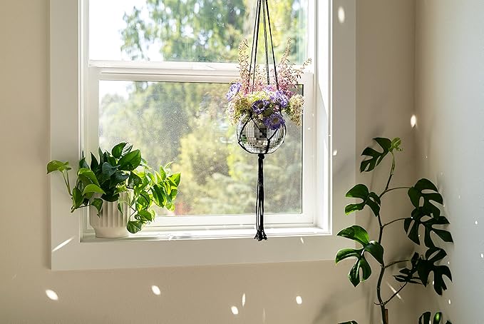 Hanging Disco Ball Planter 8" - with Acrylic Stand and Macrame Plant Hanger - Home Décor, Room Décor, Mirror Disco Planter, Disco Decor (6" with Black Hanger, Flat Base)