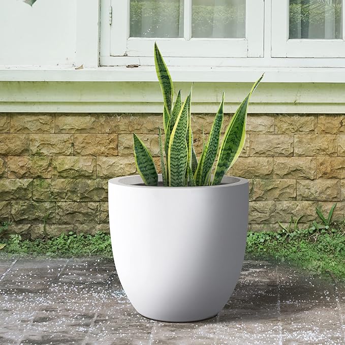 Kante 18 Inch Dia Round Concrete Planter, Indoor Outdoor Large Plant Pot with Drainage Hole and Rubber Plug for Home Patio Garden, Pure White