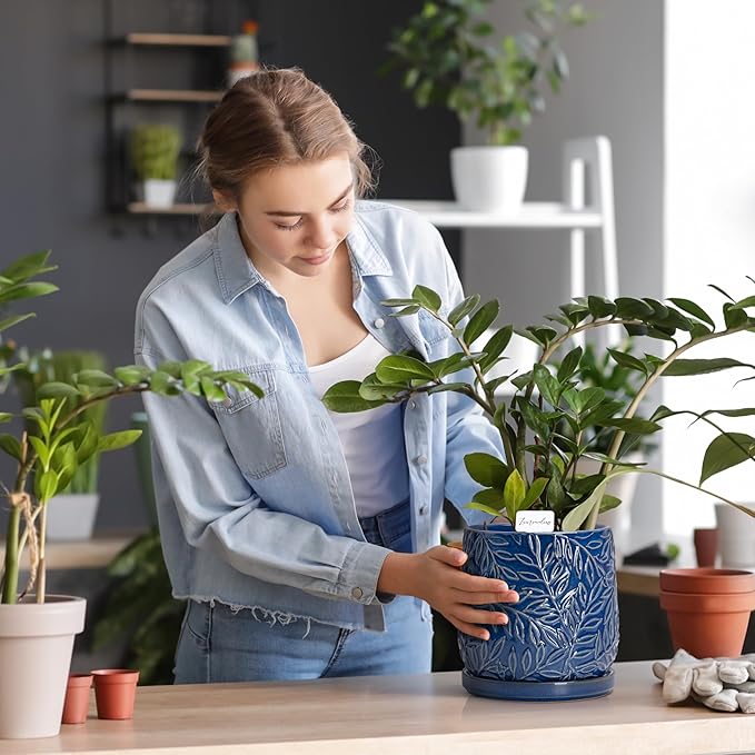 D'vine Dev 6 Inch Embossed Leaves Stoneware Planter Pot with Drainage Hole and Saucer, Midnight Blue, 27-A-X-3