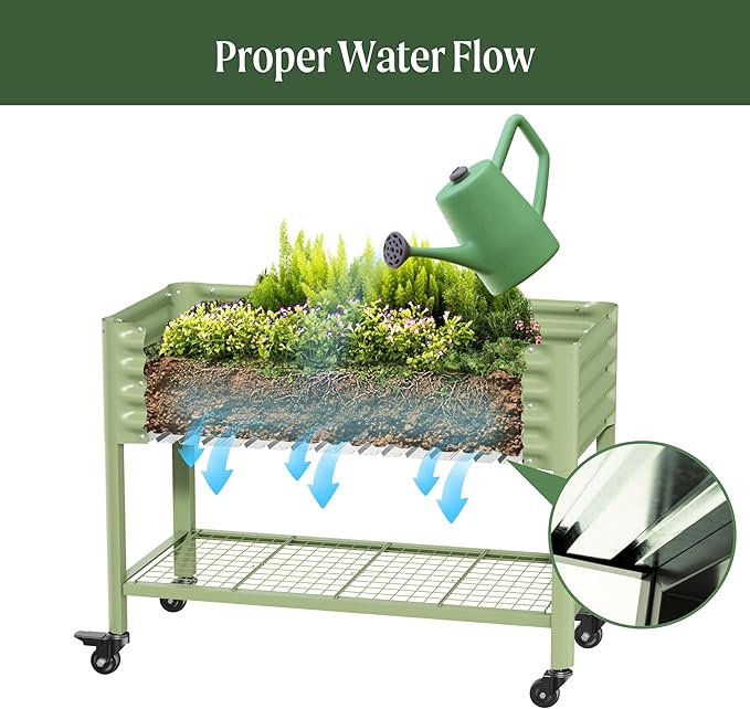 Rolling Elevated Raised Garden Bed-V Series, 2' x 4' Garden Beds with Legs & Storage Rack for Patio & Porch, 700 Lbs Weight Capacity, Outdoor Planter Box for Vegetables Flower Herbs, Olive Green