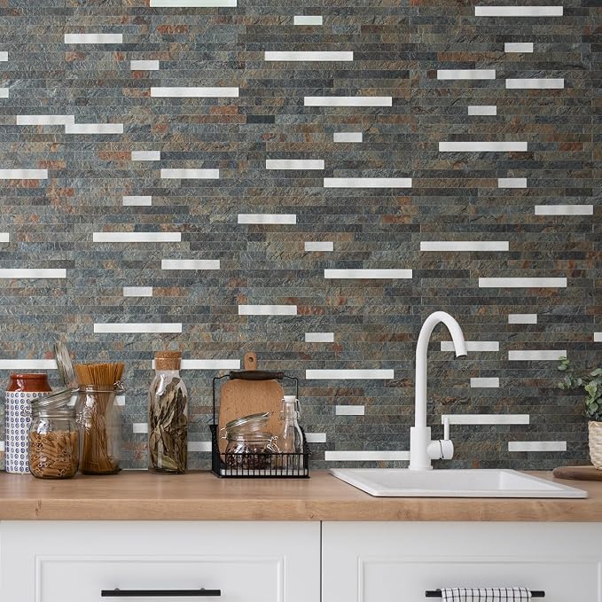 AULIGET 2 Sheets Rust Slate Peel and Stick Backsplash, PVC Mixed Metal Silver - Image 6