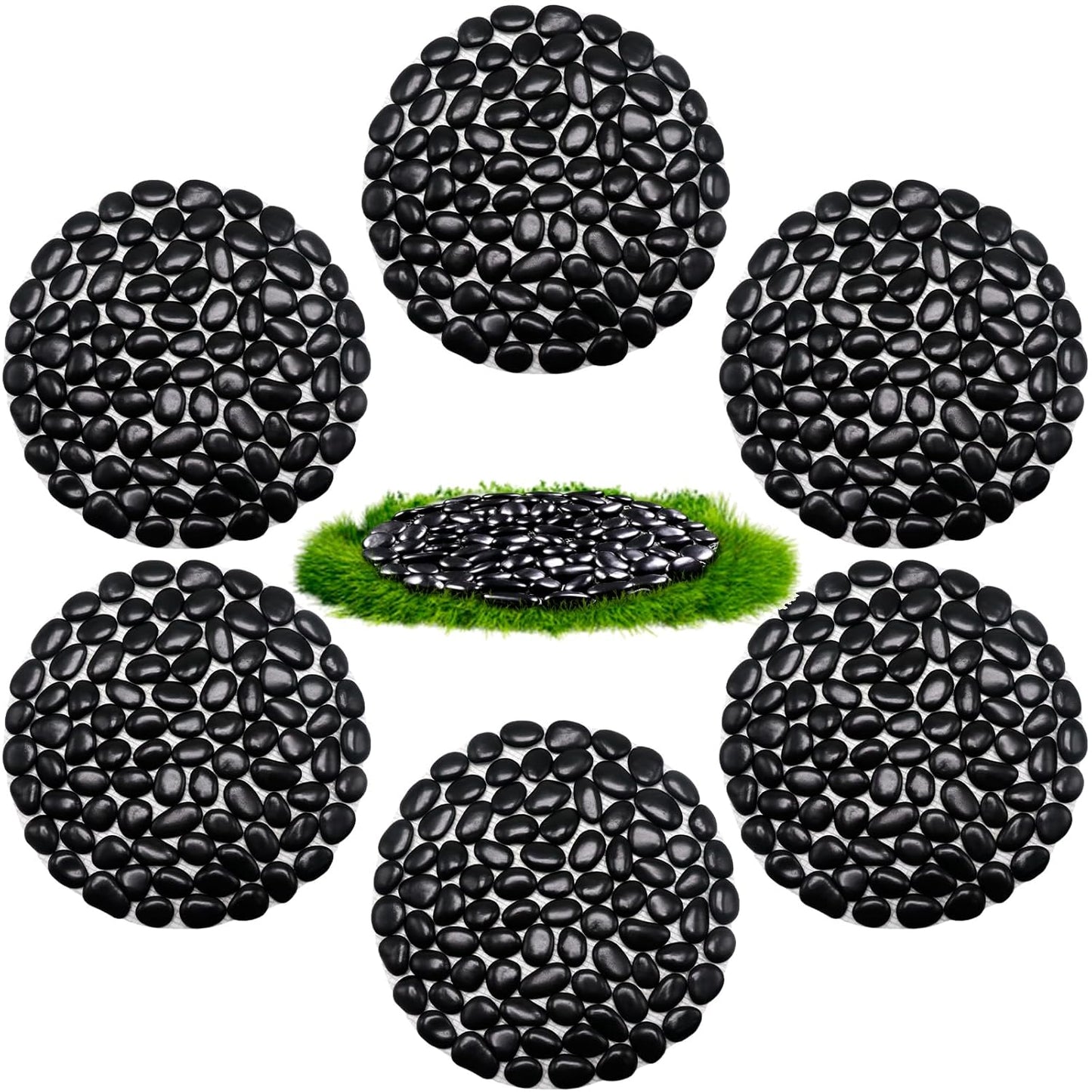 10in River Rock Stepping Stones Set - 6 Pack | Polished Pebble | Long-Lasting PVC Mesh Backing | Perfect for Garden Paths and Lawns Outdoor Landscaping Decoration | Black Circle