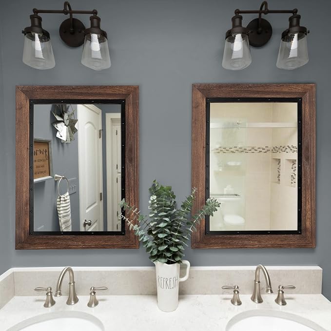 YOSHOOT Rustic Wooden Framed Wall Mirror, Natural Wood and Iron Bathroom Vanity - Image 4