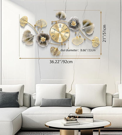 Wall Clocks for Living Room Decor, Large Wall Clock, 3D Creative Metal Ginkgo - Image 3