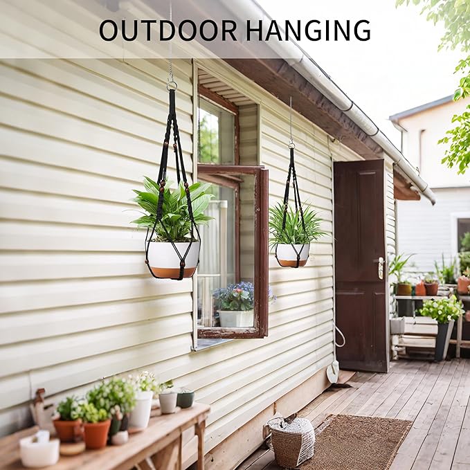 43 Inch Macrame Plant Hanger - Fits 6-15 Inch Pots, Extra Long Hanging Planter Holder for Indoor Outdoor, with Red Wood Beads, Boho Home Decor, 2 Pack, Black (POTS NOT Included)