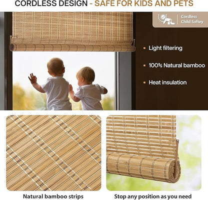LazBlinds No Tools No Drill Bamboo Roller Shades, Custom Cordless Bamboo Blinds - Image 3
